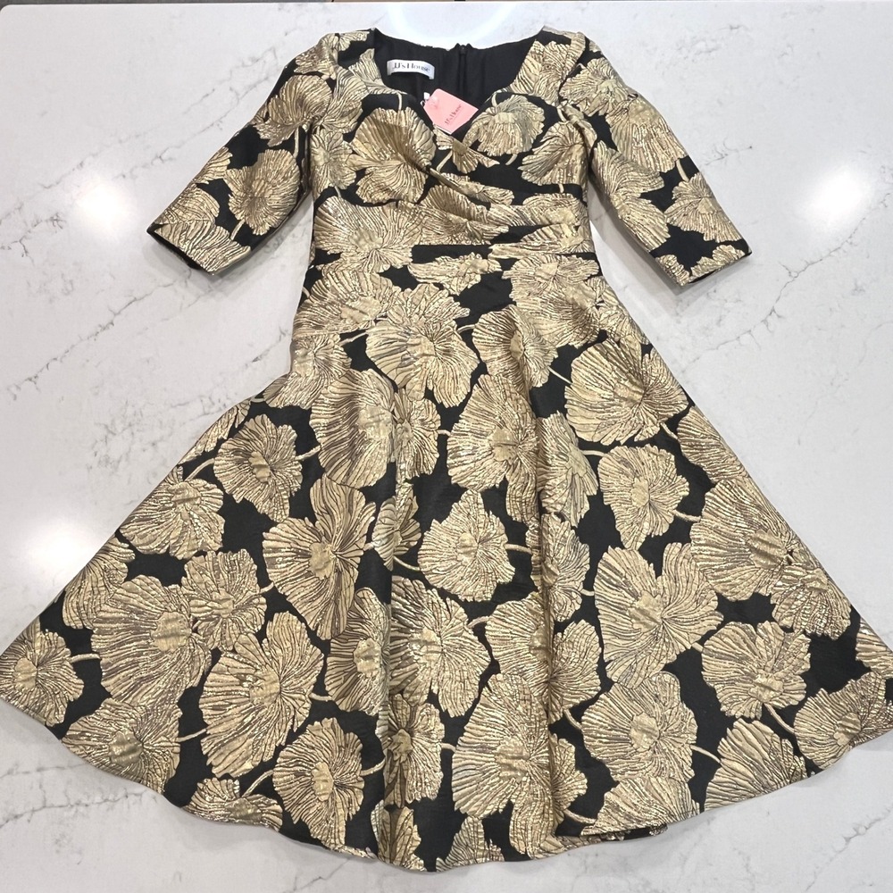 JJ's House Retro Brocade Midi Dress Womens Custom Gold Black Floral Metallic